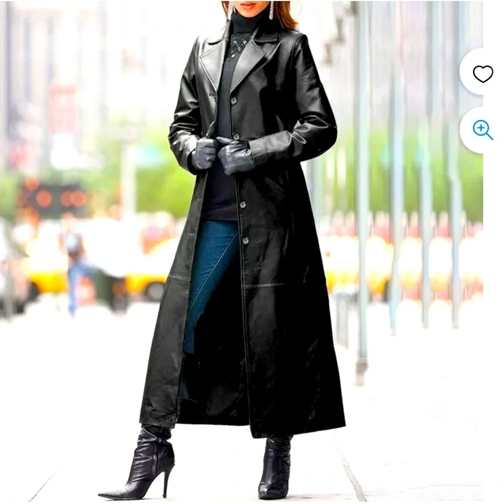 Thinsulate Genuine Long Women’s Black Leather Trench Coat - Picture 2 of 16